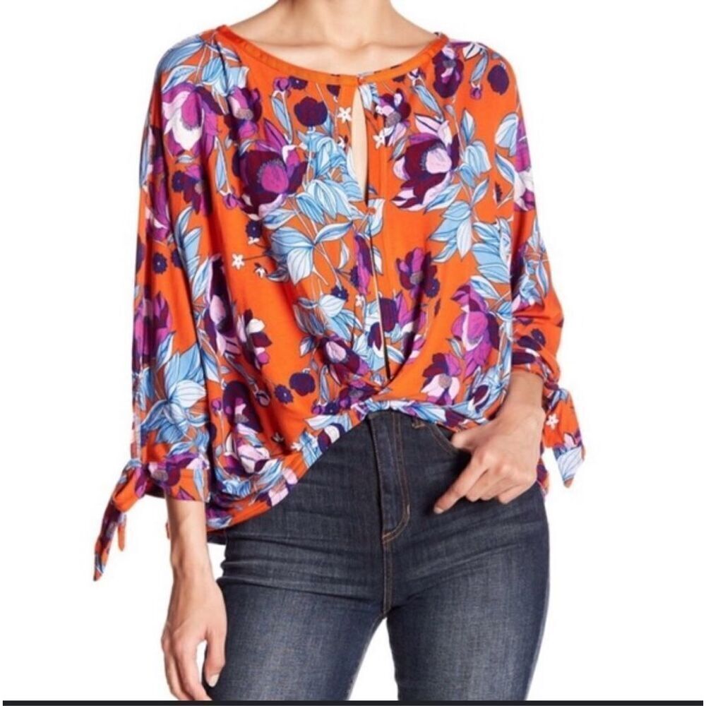 Free People Orange Floral Tie-Sleeve Blouse